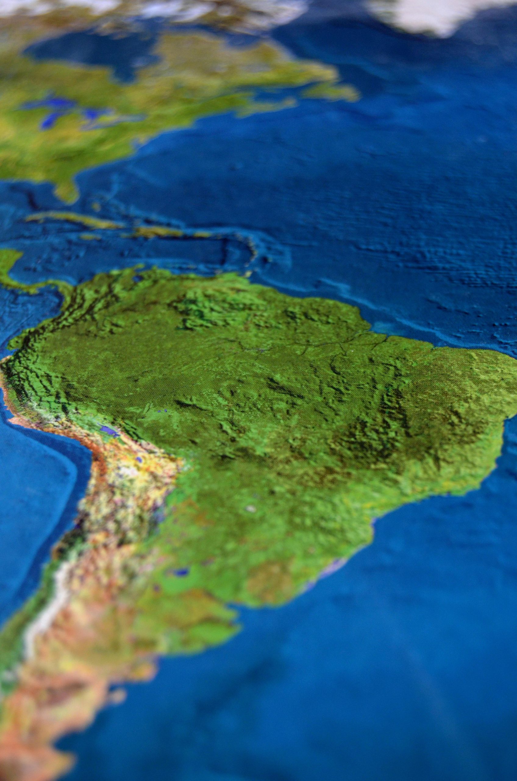 High-resolution map image showcasing South America and surrounding oceans.